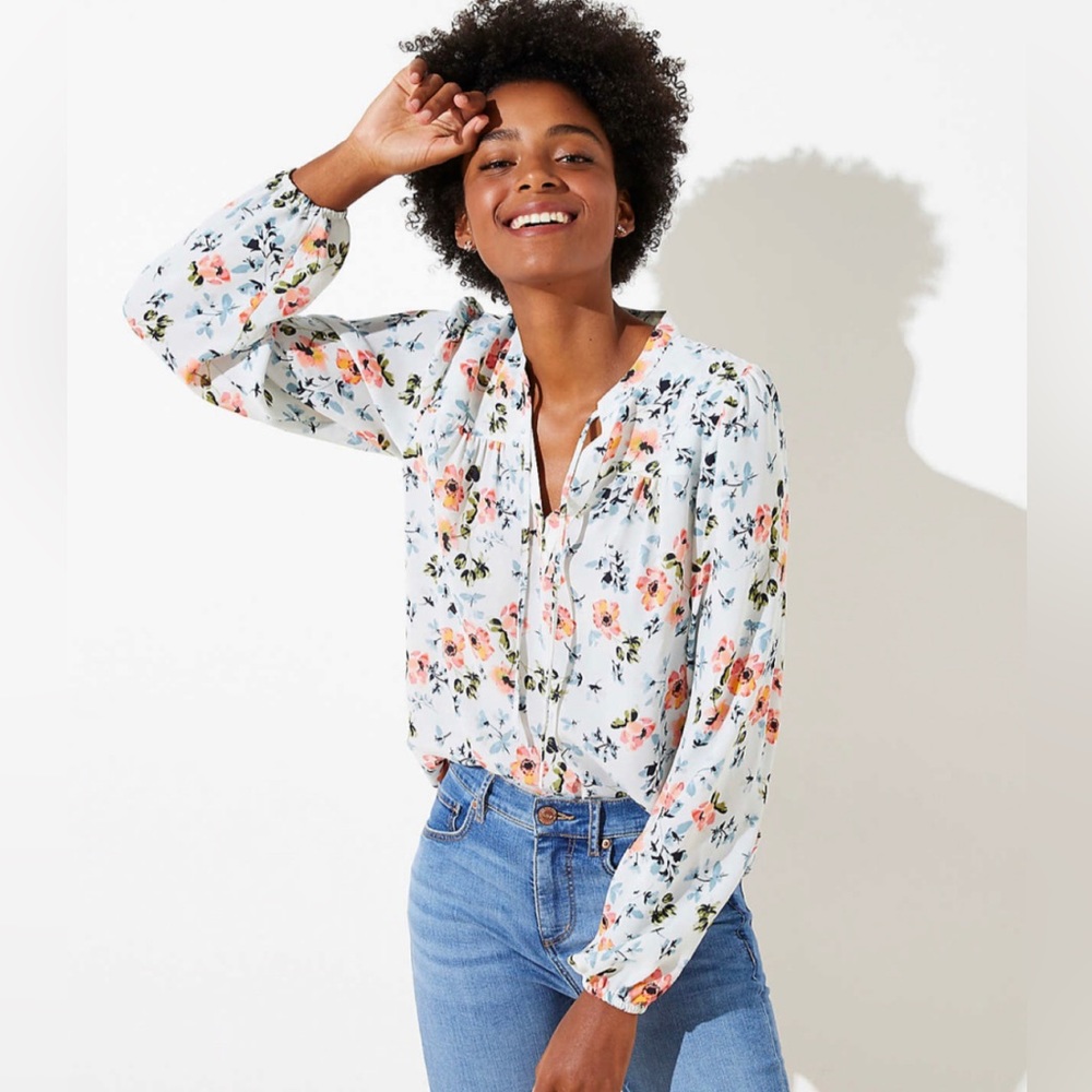 LOFT Floral Shirred Split Neck Blouse